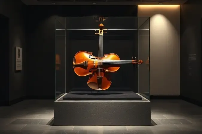 Violino histórico em vitrine conceitual, representando raridade, conservação e alto valor cultural.