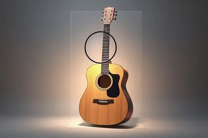 Inspeção visual de um violão com lupa e feixe de luz, representando a verificação da originalidade e autenticidade do instrumento.