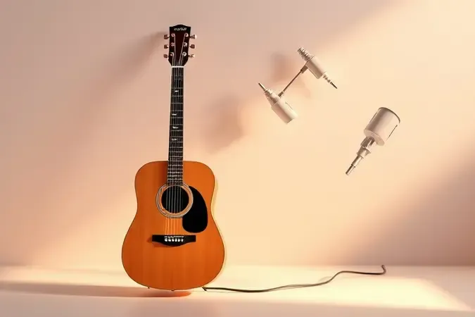 Cena conceitual de violão acústico com elementos eletrônicos abstratos em estúdio, representando a versatilidade acústica e eletroacústica.
