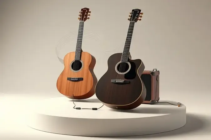 Render 3D compara violão acústico e eletroacústico com cabo, controle lateral e ondas sonoras.