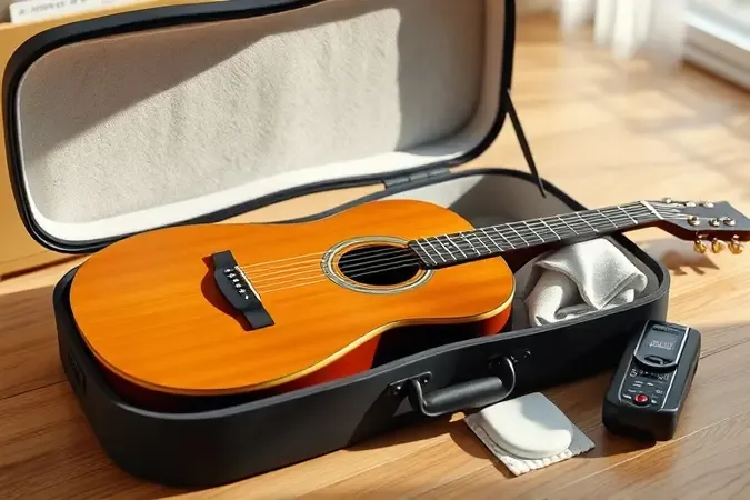 Violão acústico em case aberto com kit de limpeza, pano de microfibra e medidor de umidade em cena limpa.