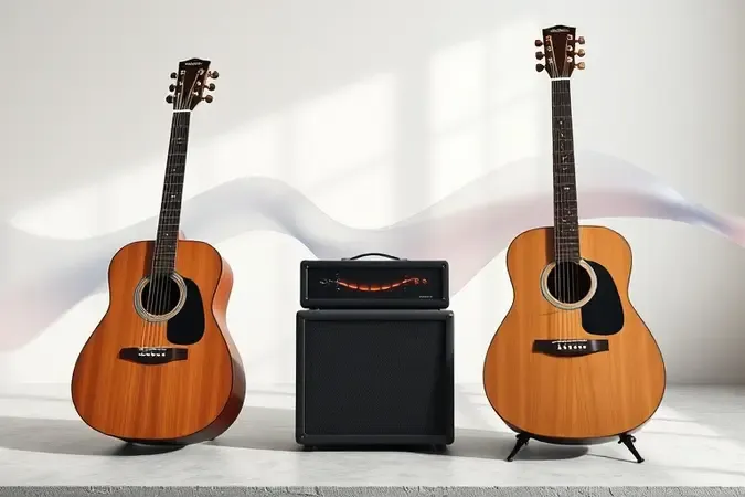 Comparação conceitual entre violão folk acústico e eletroacústico com ondas sonoras e amplificação.