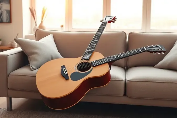 Violão acústico apoiado em sofá moderno em sala de estar aconchegante com luz natural