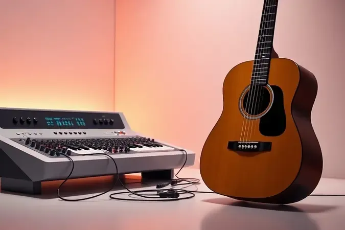 Violão conectado a mesa de som moderna com cabo iluminado, ilustrando a ligação ao sistema de áudio da igreja