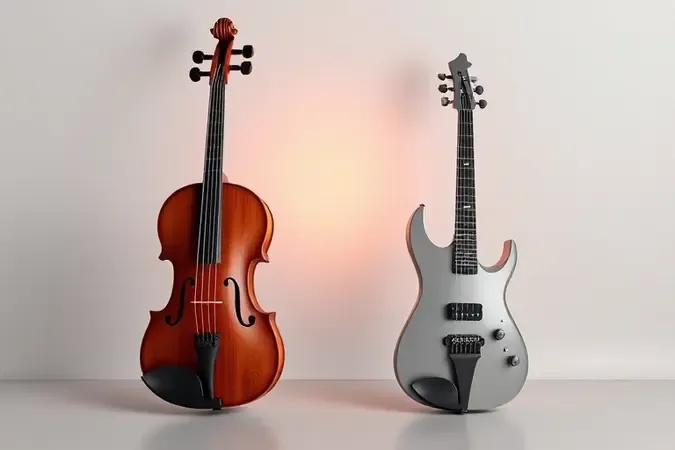 Comparativo conceitual entre violino acústico e elétrico apresentado em renderização tridimensional moderna.