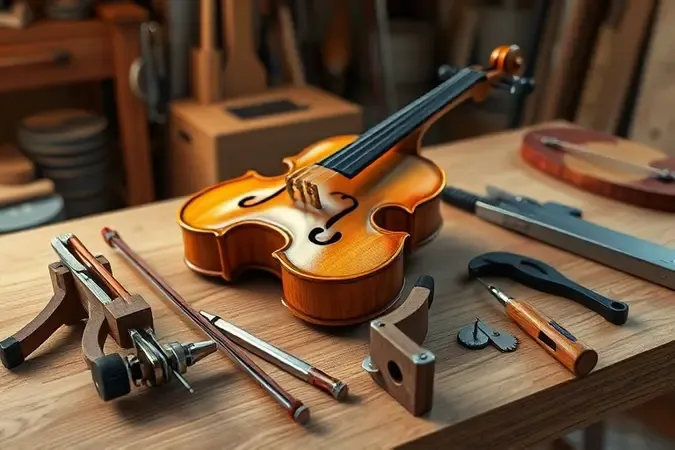 Violino com ferramentas de luthier sobre bancada profissional em cena iluminada e sofisticada