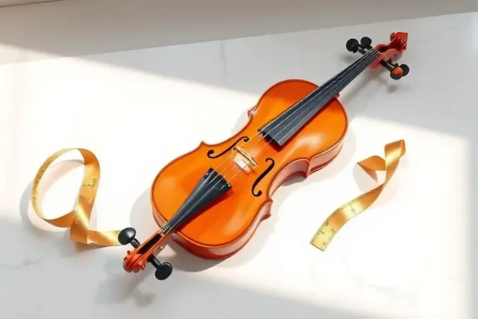 Violino sobre superfície de mármore com fita métrica representando a escolha ideal do tamanho