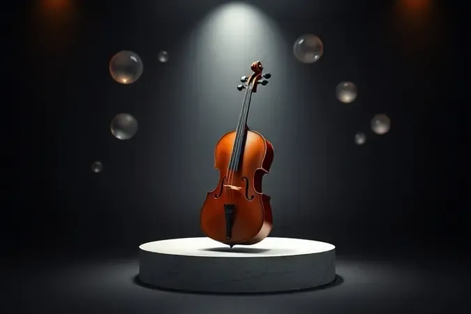 Violoncelo em pedestal minimalista com iluminação suave sugerindo valor e artesanato